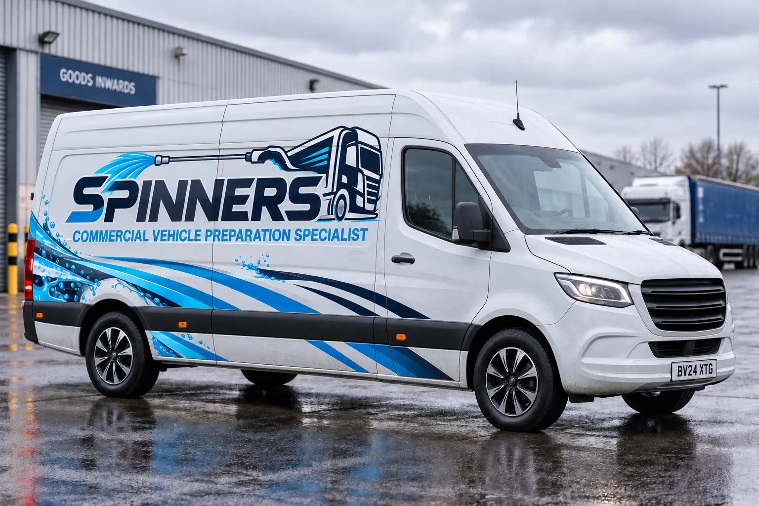 White Spinners commercial vehicle preparation service van with branded signage